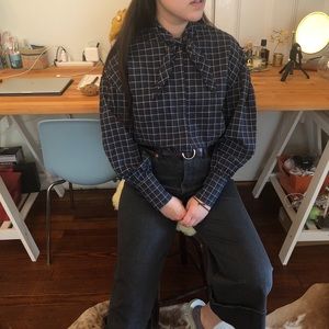 Zara plaid blouse with bunny ears tie